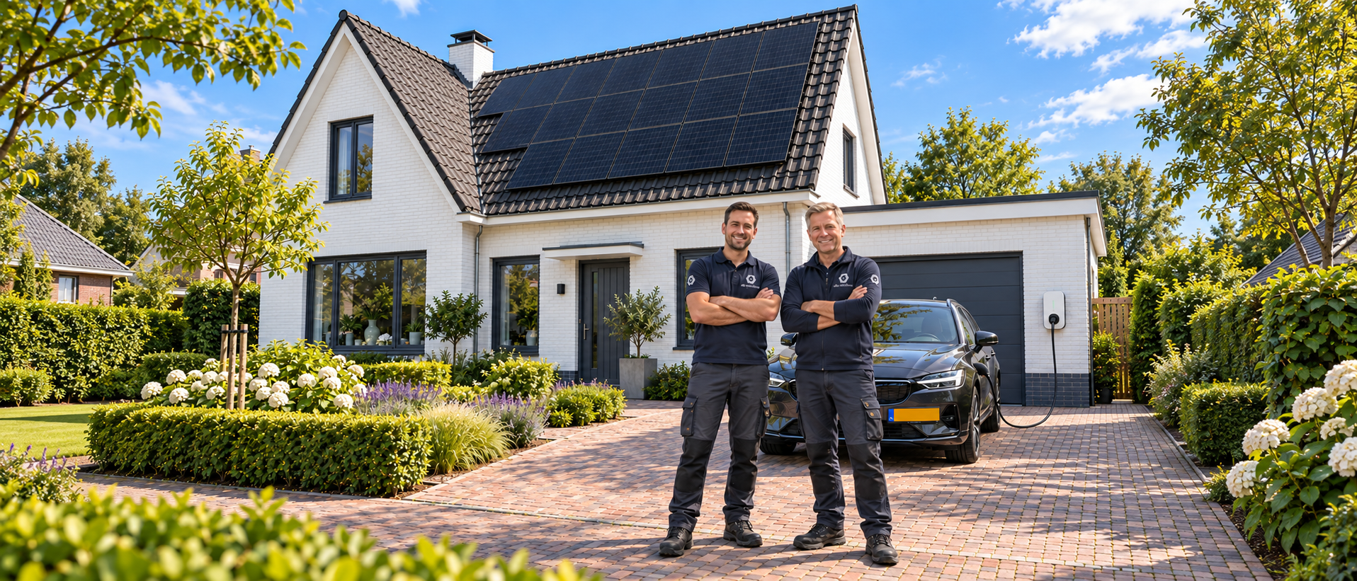 Twee monteurs van DKC Solutions voor een Nederlandse woning met zonnepanelen, thuisbatterij en een opladende elektrische auto op de oprit
