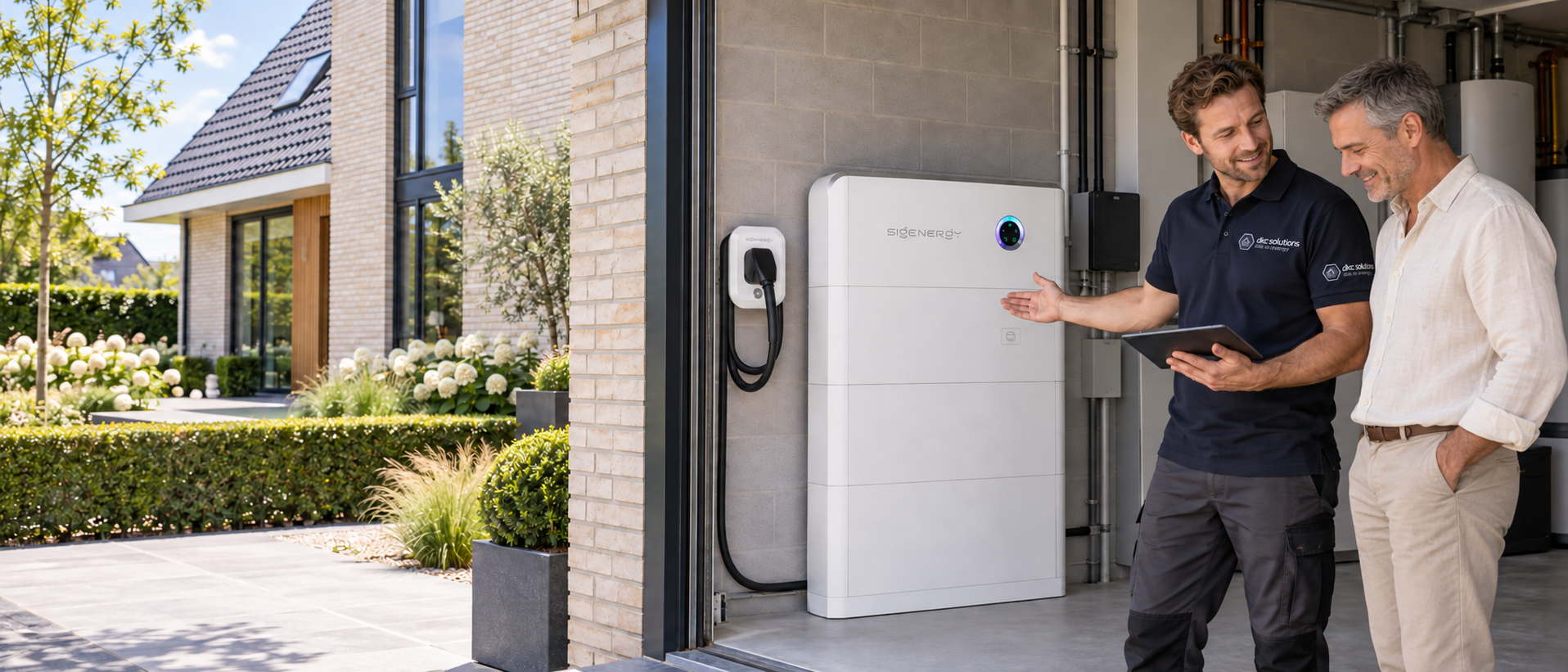 Monteur van DKC Solutions legt een Sigenergy thuisbatterij uit aan een huiseigenaar